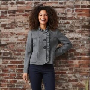 J.Crew Grey Herringbone Wool Ruffle Trim Blazer Jacket Size 6